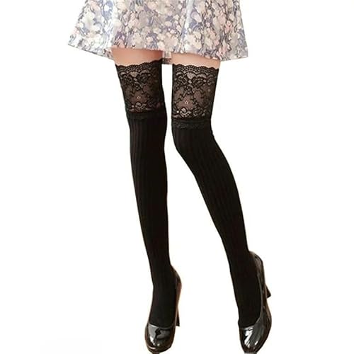 KAHEGIND Große Spitze Kniestrümpfe Hohe Oberschenkel Socken Spitze Top Baumwolle Lange Strümpfe Overknee Leggings, Schwarz, L von KAHEGIND