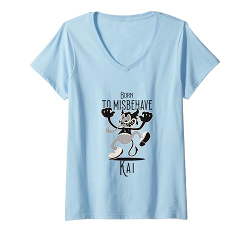 Damen Kai - Jungen Name mit süßem Teufel - Born to Misbehave T-Shirt mit V-Ausschnitt von KAI Sohn Enkel Geburtstag Geschenkideen