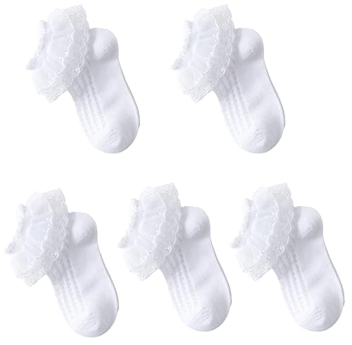 KAIAIWLUO Baby Rüschen Socken,5 Paar Mädchen Spitzen Söckchen Spitze Kindersocken Baumwolle Rüschen Spitze Taufe Socken Sommer Weiße Baumwollsocken für 3-6 Jahre Mädchen von KAIAIWLUO