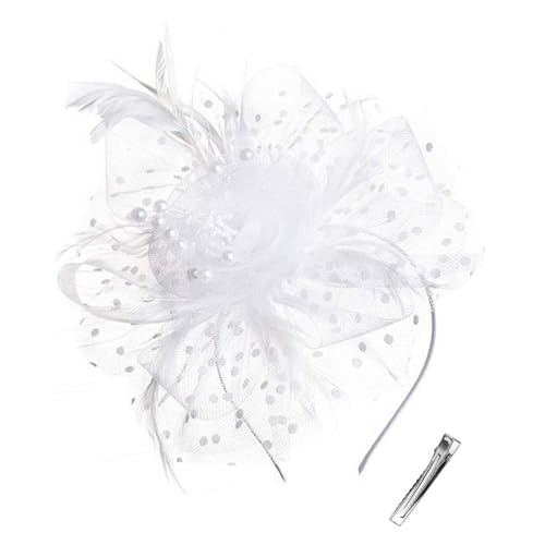 KAIAIWLUO Fascinator Hut,Vintage Schleier Mesh Stirnband Frauen Weiß Untertasse Sinamay Stirnband Kirche Haarschmuck Hochzeit Ascot Hut Hatinator Vogelkäfig Schleier Feder Mesh Gesicht für Tea Party von KAIAIWLUO