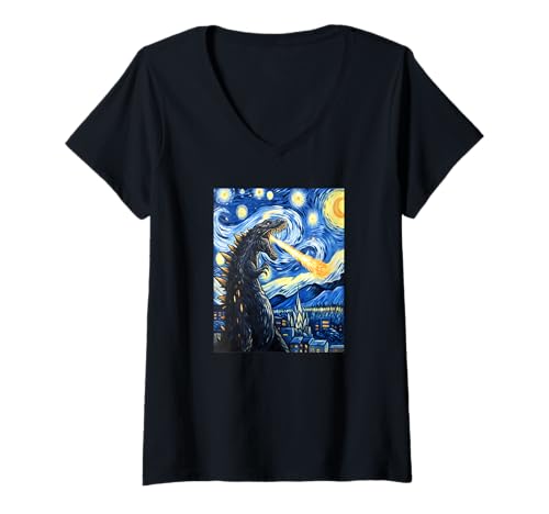 Damen Starry Kaiju Monster Night Art Lustig T-Shirt mit V-Ausschnitt Damen Starry Kaiju Monster Night Art Lustig T-Shirt mit V-Ausschnitt von KAIJU MONSTER MERCH