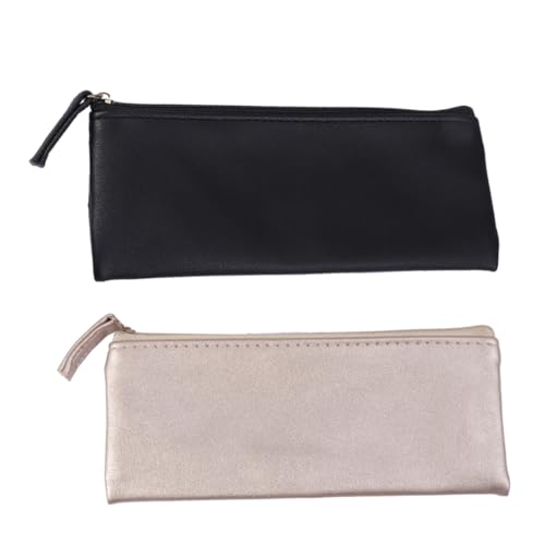 KAILIKETIY 2 Stück PU Leder Stifttasche Schwarz Gold Minimalistischer Organizer Kosmetiktasche Multifunktional für Schüler Reise Make up Etui Pen Holder von KAILIKETIY