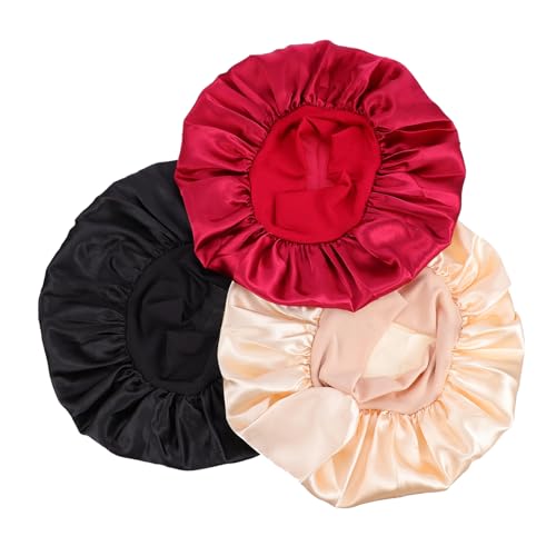KAILIKETIY 3 Stück Teiliges Doppelschicht Schlafhauben Schlichtem Design Verstellbare Satin Mütze zum Schutz Haare für Damen Khaki Schwarz und Bordeauxrot von KAILIKETIY