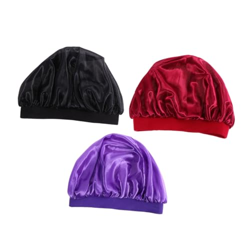 KAILIKETIY 3 Stück Teiliges Schlafhauben Elastisch Breiter Rand Haarpflegehaube für Junge Mädchen in Violett Schwarz Weinrot Atmungsaktiv Strapazierfähig Schützt Haare vor Frizz Beim von KAILIKETIY