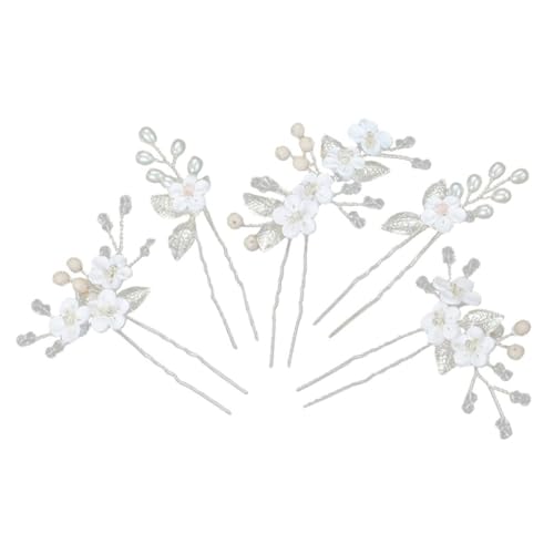 KAILIKETIY 5 Stück Teiliges Braut Haarschmuck U förmige Haarnadeln mit Weißen Blumen und Silbernen Metallblättern Stilvolle Hochzeit Haarklammern für Damen Braut Frisuren von KAILIKETIY