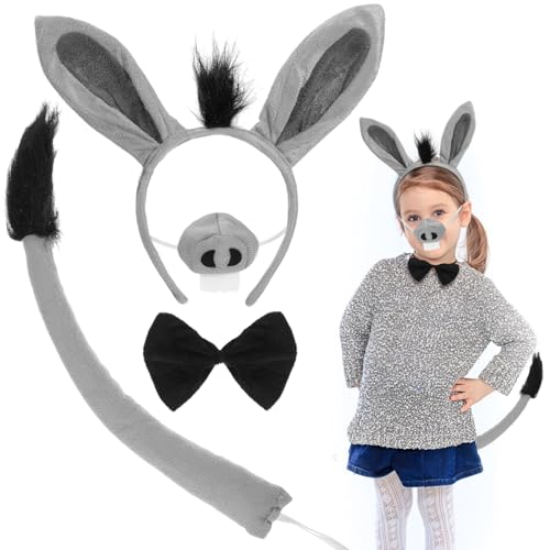 KAILIKETIY Eselkostüm Donkey Ohr Stirnband Nase Fliege Cartoon Kostüm Zubehör für Karneval Fasching Tierparty von KAILIKETIY