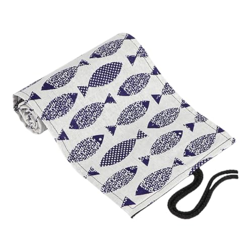 KAILIKETIY Handgefertigte Baumwoll Leinwand Rollentasche mit Fächern Tragbarer Bleistift Rollenhalter mit Süßem Saury Muster Platzsparend für Künstler Schüler und Zeichner von KAILIKETIY