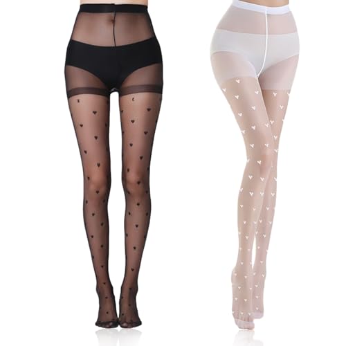 KAIOWPEIC 2 Paare Muster Strumpfhosen Damen - Schwarz und Weiß Gefütterte Strumpfhose mit Herzmuster und Halloweenmotiv von KAIOWPEIC