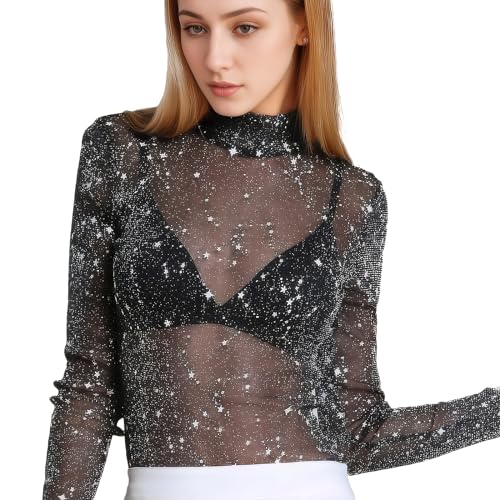 KAIOWPEIC Transparentes Glitzer Netzoberteil, Y2K Netz Top mit Sterne Damen Glitzer Mesh Oberteile Transparentes Netzoberteil Oberteil Transparent Damen für Feste Partys Clubs (Schwarz, Größe L) von KAIOWPEIC