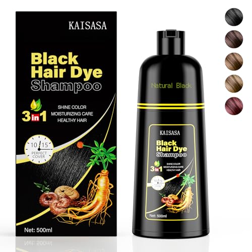 KAISASA Schwarzes Haarfärbe-Shampoo, 3-in-1, Haarfarb-Shampoo für Damen und Herren, natürliche schwarze Haarfarbe zum Abdecken von grauem Haar (Black) von KAISASA