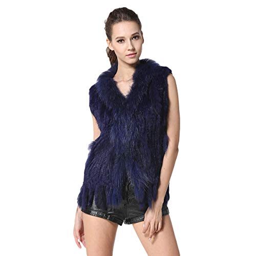 KAISHIN Mode Echt Gestrickte Kaninchenfellwesten für Frauen Allgleiches Beiläufig Waschbär Pelzkragen Westen Saphir EU 36 Größe von KAISHIN
