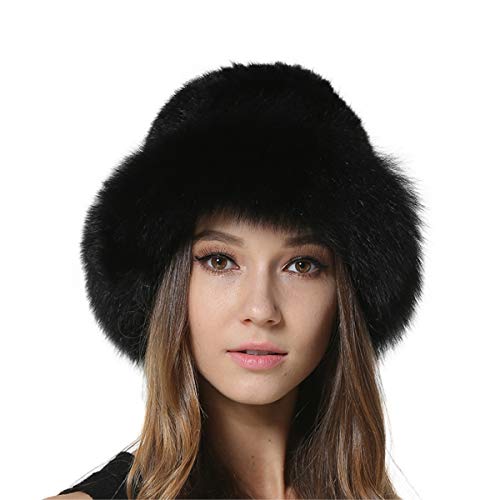 KAISHIN Winter Echtstrickpelz Eimer-H¨¹te Damenh¨¹te mit Fuchspelzkrempe Schwarz von KAISHIN