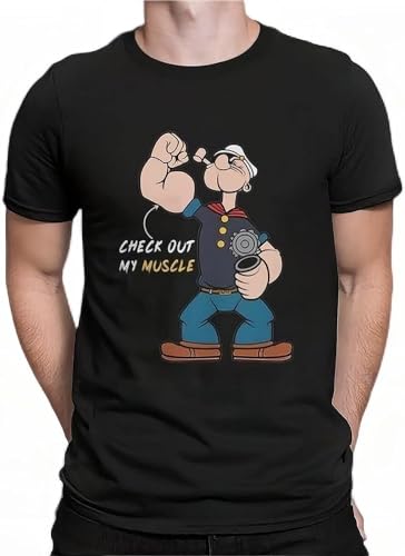 Popeye The Sailor Man Cartoon Creative Tshirt for Men Check Out My Muscle Essential Round Neck Pure Cotton T Shirt Gift Clothes Black XL von KAISUO