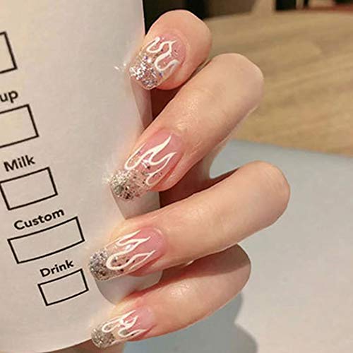 Coffin False Nails Flame Press on Nails Short Fake Nails Full Cover Stick on Nails 24pcs for Women and Girls von KAIWON