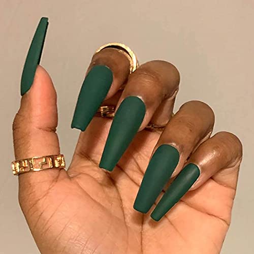 Coffin False Nails Long Fake Nails Ballerina Acrylic Press on Nails Pure Color Stick on Nails 24pcs for Women and Girls(Dark green) von KAIWON