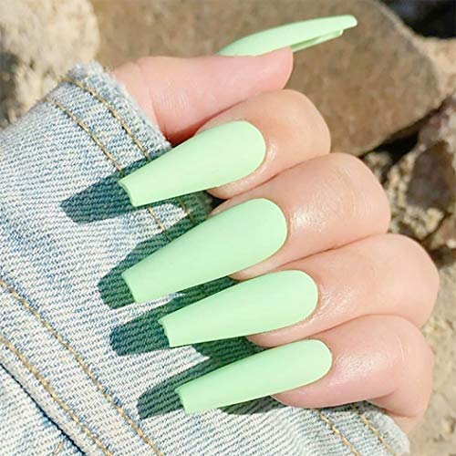 Coffin False Nails Long Fake Nails Ballerina Acrylic Press on Nails Pure Color Stick on Nails 24pcs for Women and Girls(Green) von KAIWON