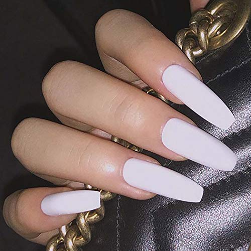 Coffin False Nails Long Fake Nails Natural Pure Color Ballerina Acrylic Stick on Nails Glossy Artificial Full Cover Press on Nails 24Pcs for Women and Girls von KAIWON