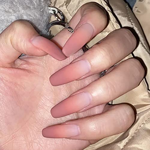 Coffin False Nails Long Fake Nails Peach Gradient Press on Nails Ballerina Acrylic Stick on Nails 24pcs for Women and Girls von KAIWON