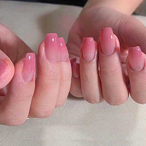 Coffin False Nails Rose Pink Gradient Press on Nails French Short Fake Nails Ballerina Acrylic Stick on Nails 24pcs for Women and Girls von KAIWON