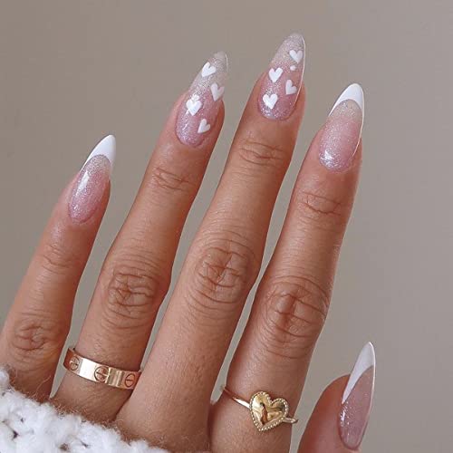 False Nails French Heart Press on Nails Valentine's Day Pink Short Fake Nails Ballerina Acrylic Stick on Nails 24pcs for Women and Girls von KAIWON