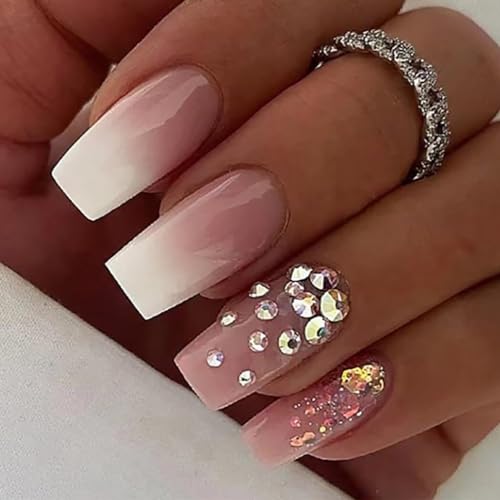 French False Nails Rhinestone Press on Nails Pink Gradient Stick on Nails Artificial Rusable Fake Nails 24pcs for Women and Girls, with solid glue, nail lamp von KAIWON