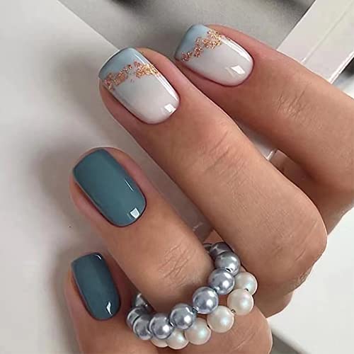 French False Nails Square Short Fake Nails Gold Sequin Press on Nails Blue Gradient Stick on Nails 24pcs for Women and Girls von KAIWON