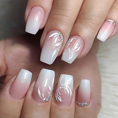 French Press on Nails Square False Nails Pink Gradient Stick on Nails Ballerina Acrylic Fake Nails 24pcs for Women and Girls von KAIWON