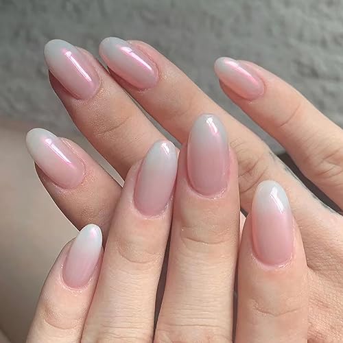 French Short False Nails Pink Gradient Press on Nails Reusable Artificial Stick on Nails Almond Fake Nails 24pcs for Women and Girls von KAIWON