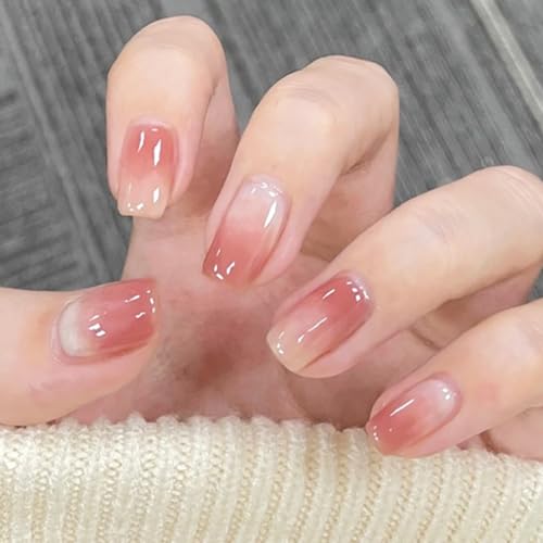 Short False Nails French Press on Nails Nude Gradient Stick on Nails Ballerina Acrylic Square Fake Nails 24pcs for Women and Girls von KAIWON