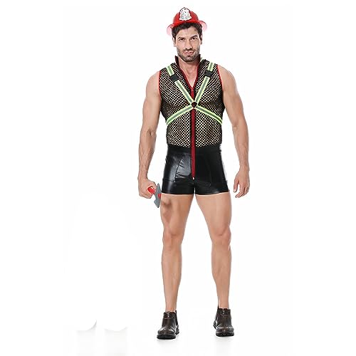 Halloween Kostüm Herren, Lustige Party Erwachsenen Kostüm, Feuerwehrmann Style Cosplay Outfits, Sexy Fischernetzt Durchsichtige Bodysuit, Personalisierte Herrenbekleidung von KAIXLIONLY