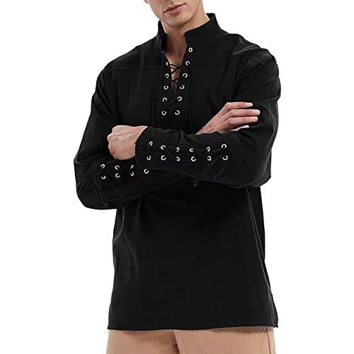 Mittelalter Hemd Herren Langarm Schnürhemd Gothic Stehkragen Shirt mit Schnürung Renaissance Steampunk Langarmshirt Piratenhemd Herren Mittelalter Hemd von KAIXLIONLY