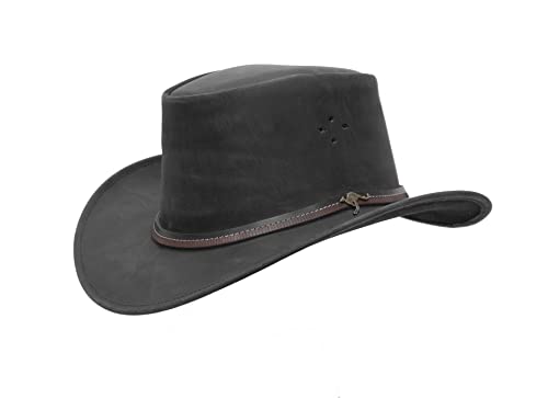 Lederhut Cowboyhut Australien Style Westernhut Herren Damen schwarz und braun Outdoor Hut aus Leder mit Kinnriemen ca. 7cm bis 7,5cm breite Krempe - Sonderposten Verschiedene Variationen von KAKADU