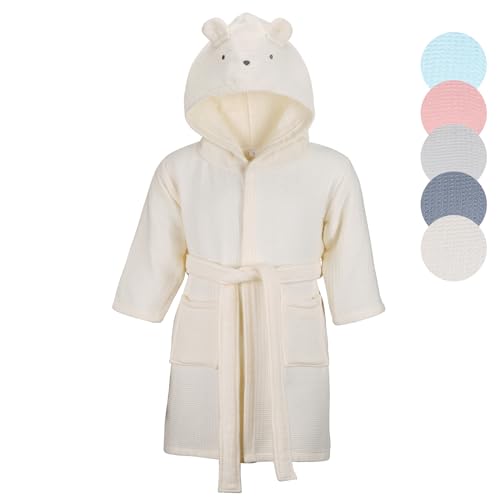 KAKU NANU Bademantel Kinder Mädchen Baumwolle Frottee Baby Kinderbademantel mit Kapuze Bathrobe Morgenmantel Weiß 86 92 98 von KAKU NANU