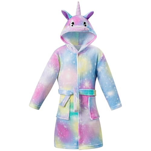 KAKU NANU Bademantel Kinder Mädchen Einhorn Kinderbademantel Baby Plüsch Fleece Kuschel Morgenmantel Mädchen Einhorn Geschenke 128 134 von KAKU NANU