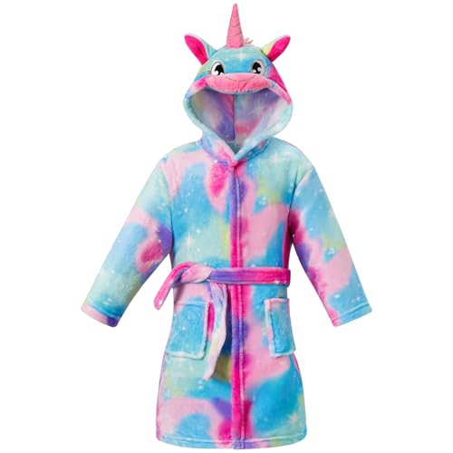 KAKU NANU Bademantel Kinder Mädchen Einhorn Kinderbademantel Baby Plüsch Fleece Kuschel Morgenmantel Mädchen Einhorn Geschenke 134 140 von KAKU NANU