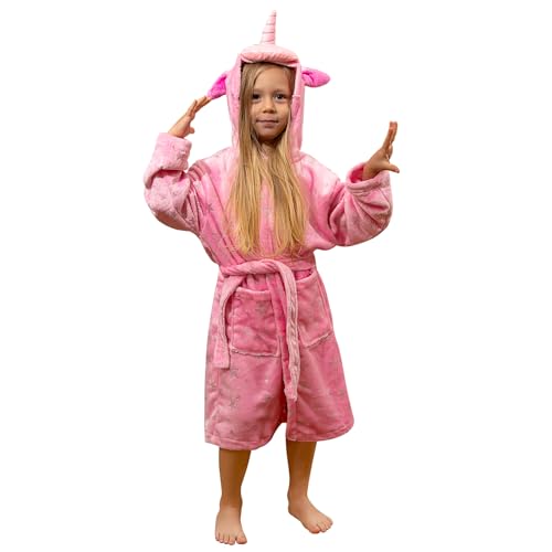 KAKU NANU Bademantel Kinder Mädchen Einhorn Kinderbademantel Baby Plüsch Fleece Kuschel Morgenmantel Mädchen Einhorn Geschenke 134 140 von KAKU NANU