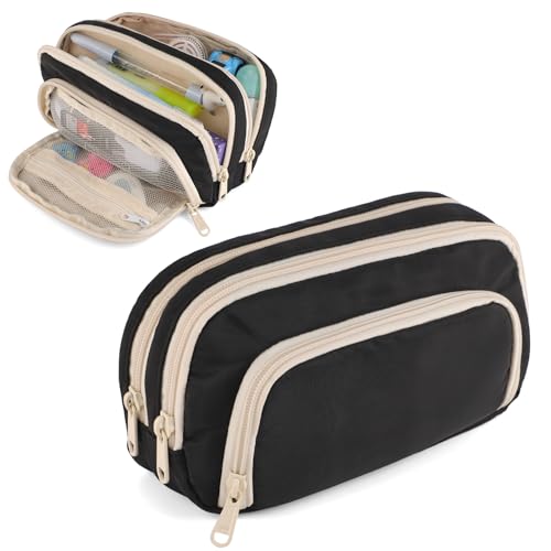 KAKU NANU Federmäppchen Mädchen Jungen Aesthetic Pencil Case Federtasche Groß 3 Fächer Teenager Schulsachen Schwarz von KAKU NANU