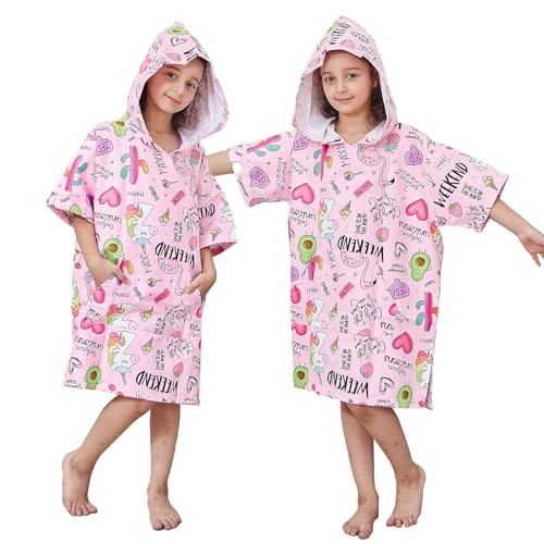 KAKU NANU Kinder Bademantel Mit Kapuze Mikrofaser Bademantel Badeponcho Mädchen Schnelltrocknendes Rosa Dryrobe 5 6 7 8 9 10 Jahre von KAKU NANU