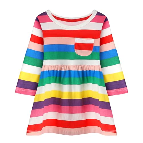 KAKU NANU Langarm Kleid Mädchen Herbstkleid Baumwolle T-Shirt Kleid Regenbogen Streifen Baby-Mädchen Pink Rosa 4 Jahre von KAKU NANU