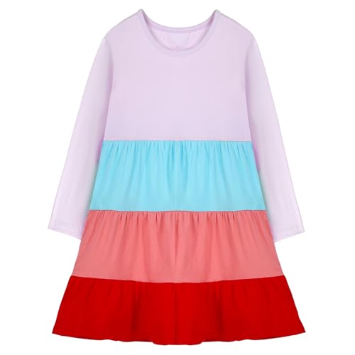 KAKU NANU Langarm Kleid Mädchen Herbstkleid Baumwolle T-Shirt Kleid Regenbogen Streifen Baby-Mädchen Pink Rosa 5 Jahre von KAKU NANU