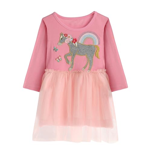 KAKU NANU Langarm Kleid Mädchen Herbstkleid Tüllkleid für Mädchen Baumwolle T-Shirt Kleid Baby-Mädchen Einhornkostüm Für Kinder Pink Rosa 4 Jahre von KAKU NANU