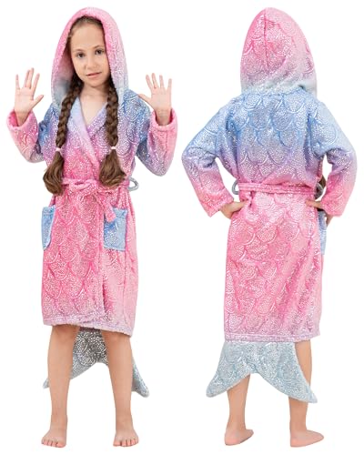 KAKU NANU Mädchen Bademantel 2-8 Jahre Meerjungfrau mit Kapuze, flauschig, Mädchen Nachtwäsche & Bademäntel mit Bund und zwei Taschen, Mädchen-Geschenke, violett, 4-5 Years von KAKU NANU
