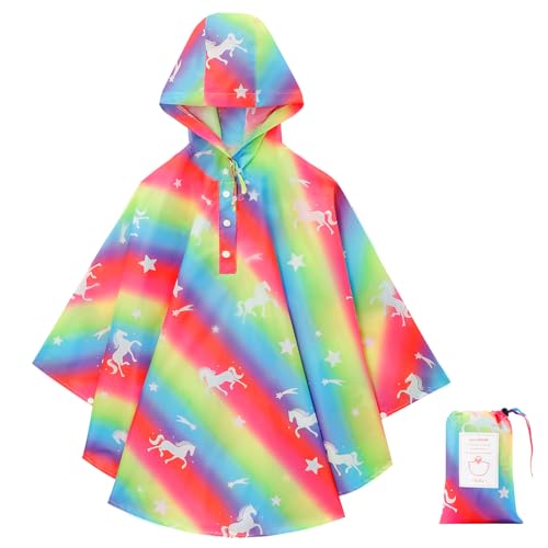 KAKU NANU Regenponcho Kinder Regencape Poncho mit Kapuze Wasserdicht Regen Cape Regenponcho Leicht Jungen Mädchen Wiederverwendbar 116 122 128 134 140 148 152 von KAKU NANU
