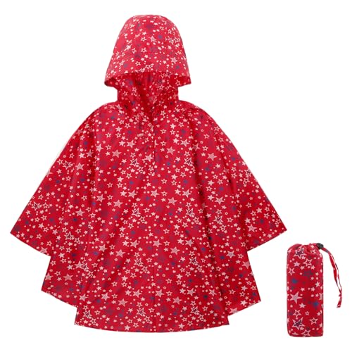 KAKU NANU Regenponcho Kinder Regencape Poncho mit Kapuze Wasserdicht Regen Poncho Cape Regenponcho Leicht Jungen Mädchen Wiederverwendbar Rot 116 122 128 134 140 von KAKU NANU
