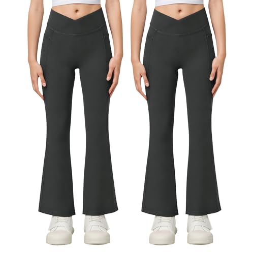 KAKU NANU Schlaghose Mädchen Leggings Grau Kinder Flared Leggings Sporthose Mädchen Yogahose 9 10 Jahre 134 140 von KAKU NANU