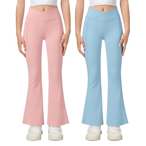 KAKU NANU Schlaghose Mädchen Leggings Pink Rosa Blau Kinder Flared Leggings Sporthose Mädchen Yogahose 12 13 Jahre 152 158 von KAKU NANU