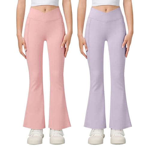 KAKU NANU Schlaghose Mädchen Leggings Pink Rosa Lila Kinder Flared Leggings Sporthose Mädchen Yogahose 13 14 Jahre 158 164 von KAKU NANU