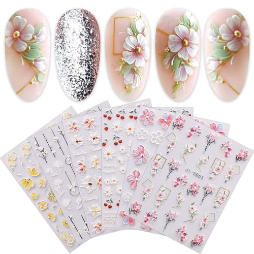 3D Nagelsticker Geprägte Blume Blätter, 6 Blatt 5D Selbstklebend Nagelaufkleber Stereoskopisch Nail Art Sticker Dekoration Nageldesign Zubehör von KALEFUL