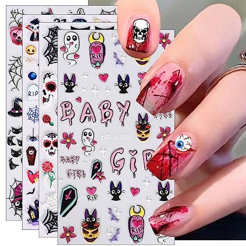 3D Nagelsticker Halloween, 4 Blatt 5D Geist Katze Fledermaus Selbstklebend Nagelaufkleber Stereoskopisch Nail Art Sticker Dekoration Nageldesign Zubehör von KALEFUL