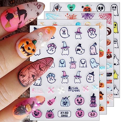 3D Nagelsticker Halloween, 4 Blatt 5D Niedlicher Kürbis Geist Selbstklebend Nagelaufkleber Stereoskopisch Nail Art Sticker Dekoration Nageldesign Zubehör von KALEFUL